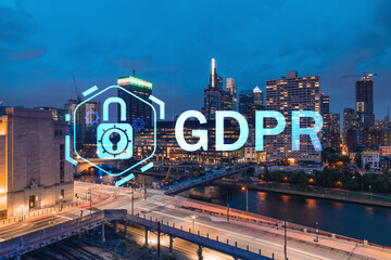 Aerial panoramic cityscape of Philadelphia financial downtown at summer night time, Pennsylvania, USA. GDPR hologram, concept of data protection regulation and privacy for all individuals in EU Area