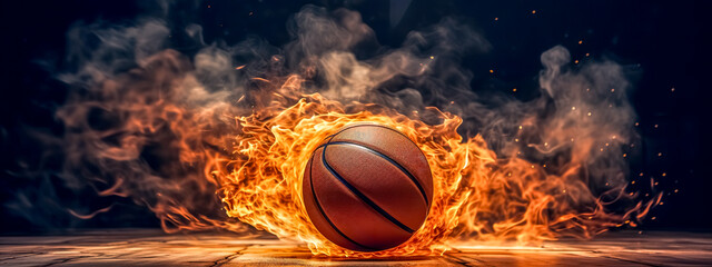 Wall Mural - art basketball ball, fire flames, energy and power, banner made with Generative AI