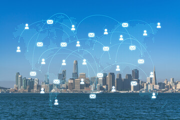 Panoramic city view of San Francisco skyline at sunrise from Treasure Island, California, United States. Social media hologram. Concept of networking and establishing new people connections