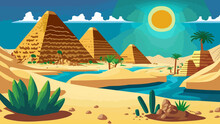 Cartoon Desert With Ancient Egyptian Pyramids And Nile River. Vector Illustration Of Sandy Landscape With Stones And Green Plants Near Blue Water, Sun Shining Brightly In Sky Over Pharaoh Tombs