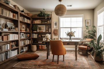 Wall Mural - Cozy farmhouse style home office with boho neutral tones.