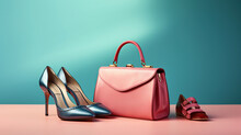 Vintage Shoes And A Blue Bag Are Placed On A Light Pink Background