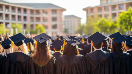 Standing amidst the crowd of graduates, a young man wears a graduation hat