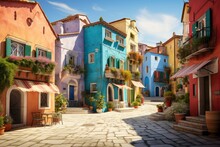 Quaint Village Square Lined With Colorful Buildings, Generative AI