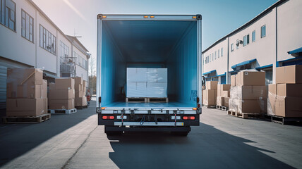 open truck is parked on the street, filled with cardboard boxes from the warehouse