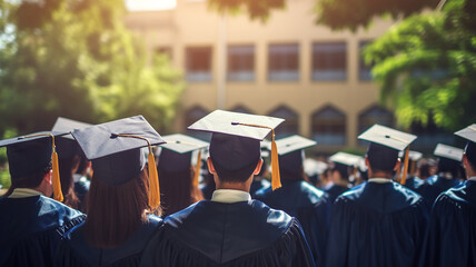 A rear view of university graduates in graduation gowns and caps during commencement day