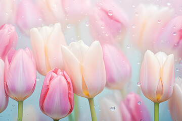  Pastel tulip flower in drops of water close-up for background.GenerativeAI.