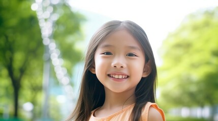 Wall Mural - Happy Asian girl smiling in a summer garden. Closeup Portrait of a smiling Japanese kid standing in a park. Cheerful Chinese pre-teen Asian child with perfect white teeth outdoors closeup. .