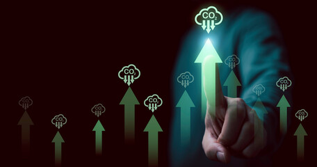 Businessman point to increasing arrow with carbon reduction  for for decrease CO2 , carbon footprint and carbon credit to limit global warming from climate change, Bio Circular Green Economy concept.