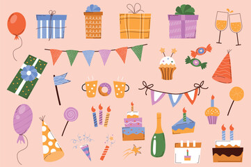 Poster - Birthday holiday mega set in graphic flat design. Bundle elements of balloons, gifts, champagne, garlands, cupcakes, hats, lollipops, candles, cake and other. Vector illustration isolated stickers
