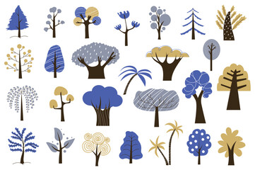 Aufkleber - Abstract trees mega set in graphic flat design. Bundle elements of minimal style trees with blue foliage and other colors, forest plants with different shapes. Vector illustration isolated stickers