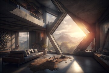 Canvas Print - Modern cozy living room in attic with mountain view