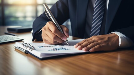 Canvas Print - businessman signing a document, Businessman working on documents on the desk, data analysis of financial figures and business investments, generative ai