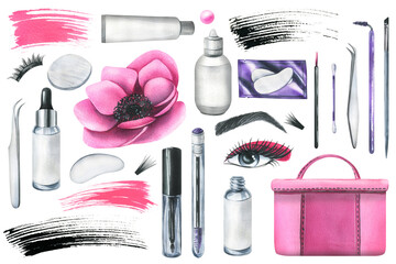 Wall Mural - Cosmetics for the master of eyelash extension, a working tool for carrying out beauty procedures in the salon. Hand-drawn watercolor illustration. Set of isolated objects on a white background