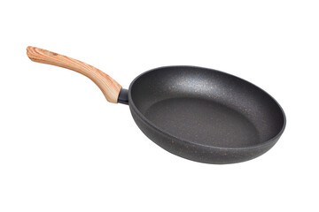 frying pan on a white background with a wooden handle