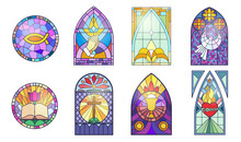 Mosaic Windows Of Church Set Vector Illustration. Cartoon Isolated Medieval Gothic Arch Frames With Christian Religious Abstract Patterns, Colorful Stained Glass Windows Collection Of Old Chapel