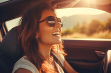 Woman Driving Car With Smile Face A Beautiful Women Driving A Car With Happy 