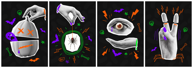 Wall Mural - Set of Halloween flyers. Halftone hand palm, pumpkin, eyes and lips with doodles. Collection of trendy vector posters in collage style. Halloween posters with halftone collage elements and doodles.