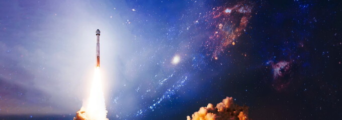 dark space shuttle launch in the clouds with stars on background.spaceship flight. elements of this 