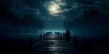 Eerie Moonlit Lake With A Ghostly Figure Floating On Its Surface And A Haunted Boat Dock In The Distance. Generative Ai