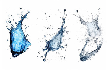 Wall Mural - Water crown splashes and wave swirl with drops. Vector transparent blue liquid splashing fluids with droplets, isolated realistic 3d elements, fresh drink, clear aqua falling or pour with air bubbles