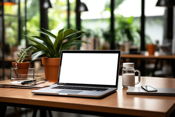 Wall Mural - Workspace with laptop computer empty screen and office supply on wooden table, Ai generate