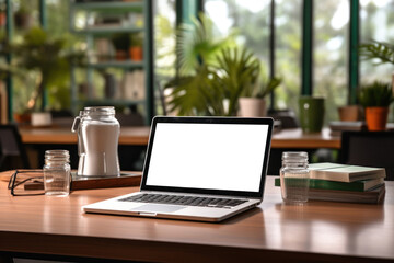 Workspace with laptop computer empty screen and office supply on wooden table, Ai generate