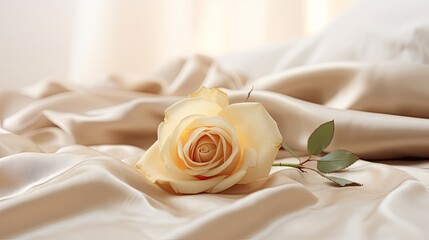 A minimalist yet luxurious image of a single golden rose delicately placed on a bed of white petals, with a soft, bokeh-filled background of muted colors. Wedding card, jewel design. Generative AI. 