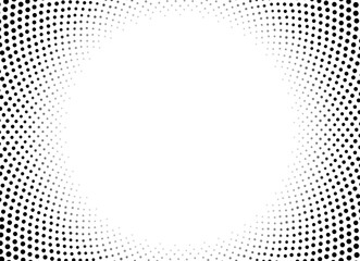 Wall Mural - Halftone dotted pattern. Pop art radial gradient background. Comic half tone radial texture. Optical spotted effect. Black white banner. Abstract design. Monochrome vector illustration