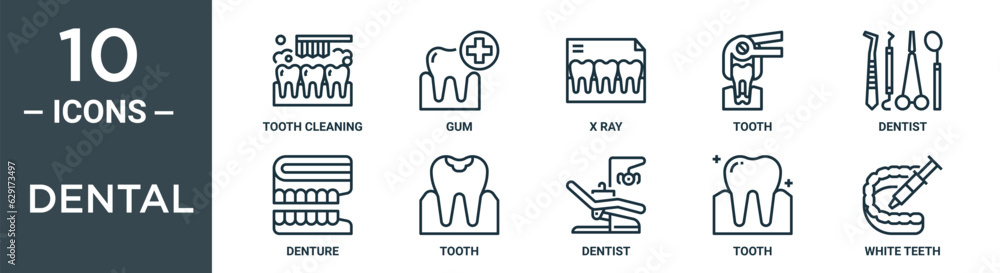 dental outline icon set includes thin line tooth cleaning, gum, x ray ...