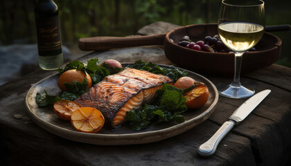 Wall Mural - Grilled red fish, salmon or salmon steak, dinner by the fire on the hunt. Content created with AI