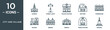city and village outline icon set includes thin line church, street light, police station, factory, townhouse, school, bridge icons for report, presentation, diagram, web design