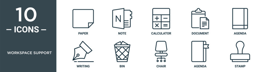 workspace support outline icon set includes thin line paper, note, calculator, document, agenda, writing, bin icons for report, presentation, diagram, web design