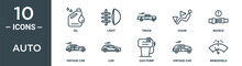 Auto Outline Icon Set Includes Thin Line Oil, Light, Truck, Chair, Buckle, Vintage Car, Car Icons For Report, Presentation, Diagram, Web Design
