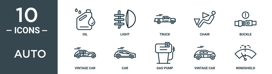 auto outline icon set includes thin line oil, light, truck, chair, buckle, vintage car, car icons for report, presentation, diagram, web design