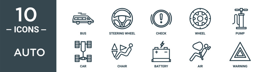 Wall Mural - auto outline icon set includes thin line bus, steering wheel, check, wheel, pump, car, chair icons for report, presentation, diagram, web design