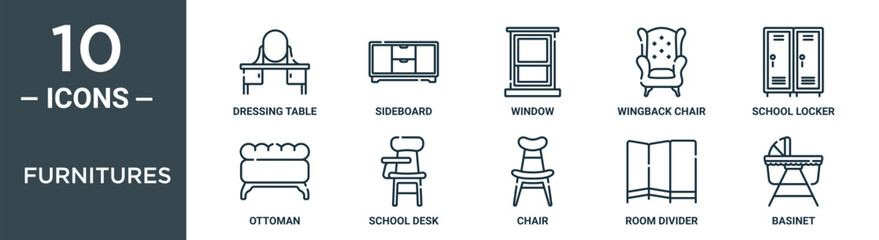 Wall Mural - furnitures outline icon set includes thin line dressing table, sideboard, window, wingback chair, school locker, ottoman, school desk icons for report, presentation, diagram, web design