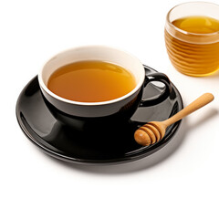 Wall Mural - Caramel honey tea in a black cup isolated on white background 