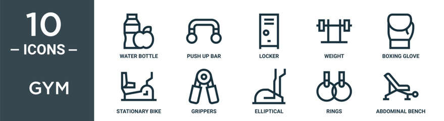 Wall Mural - gym outline icon set includes thin line water bottle, push up bar, locker, weight, boxing glove, stationary bike, grippers icons for report, presentation, diagram, web design