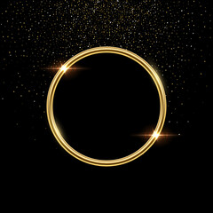 Wall Mural - Gold ring with golden abstract glittering on black background vector illustration. 3D realistic glossy circle frame and luxury shiny glitter texture over border, round metal circular decor