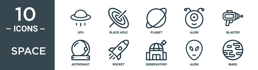 Wall Mural - space outline icon set includes thin line ufo, black hole, planet, alien, blaster, astronaut, rocket