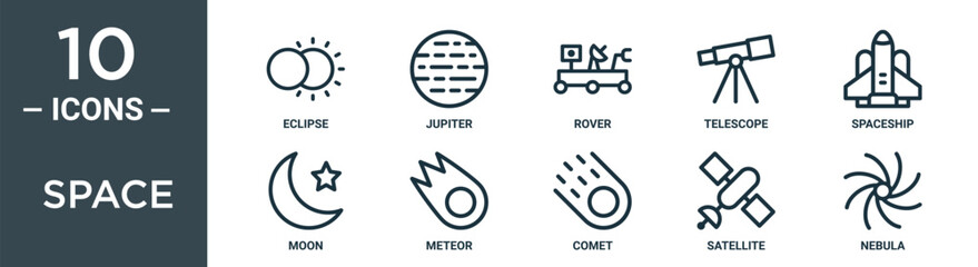 Wall Mural - space outline icon set includes thin line eclipse, jupiter, rover, telescope, spaceship, moon, meteo