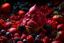 Fruit And Berry Ice Cream In A Waffle Cup. Generative AI