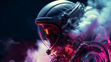 Space Voyager: Close-Up Of Astronaut Amidst Neon Rocket Plume
