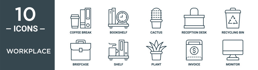 Wall Mural - workplace outline icon set includes thin line coffee break, bookshelf, cactus, reception desk, recycling bin, briefcase, shelf icons for report, presentation, diagram, web design