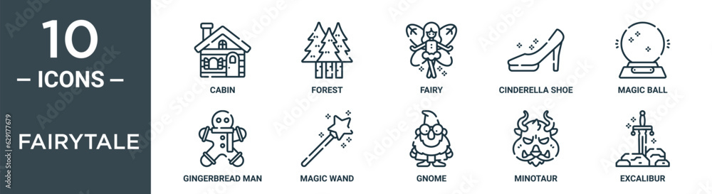 fairytale outline icon set includes thin line cabin, forest, fairy ...