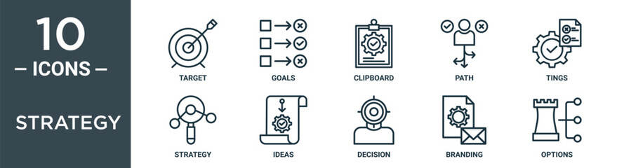 Wall Mural - strategy outline icon set includes thin line target, goals, clipboard, path, tings, strategy, ideas icons for report, presentation, diagram, web design