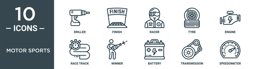 motor sports outline icon set includes thin line driller, finish, racer, tyre, engine, race track, w