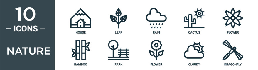 Wall Mural - nature outline icon set includes thin line house, leaf, rain, cactus, flower, bamboo, park icons for report, presentation, diagram, web design