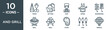 and grill outline icon set includes thin line tongs, mittens, chef, apron, mushrooms, grill, grill icons for report, presentation, diagram, web design